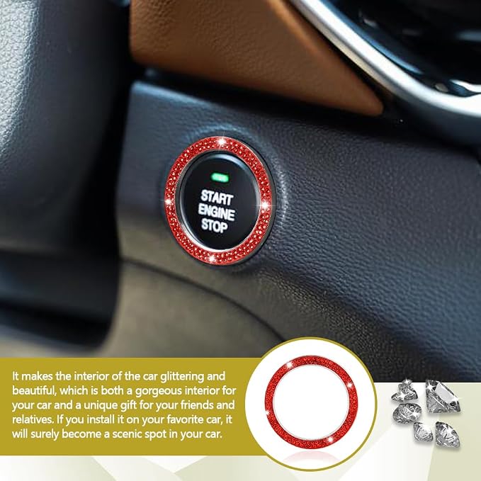 2PCS Bling Car Crystal Rhinestone Ring Emblem Sticker, Push to Start Button Cover/Sticker, Key Ignition Starter & Knob Ring, Car Interior Decoration Bling Car Accessories for Women