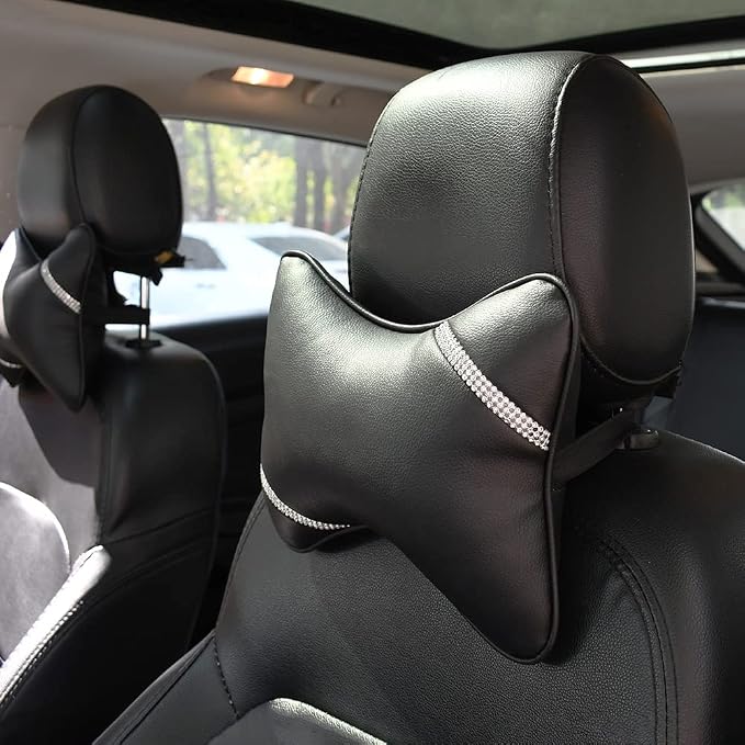 Car Neck Pillows Diamond Seat Auto Headrest Cushion Head Rest Neck 2 Pack Headrest Fit for Most Cars Universal Car Pillow Support Relax Crystal Rhinestone Pu Leather Bling Interior(Black)