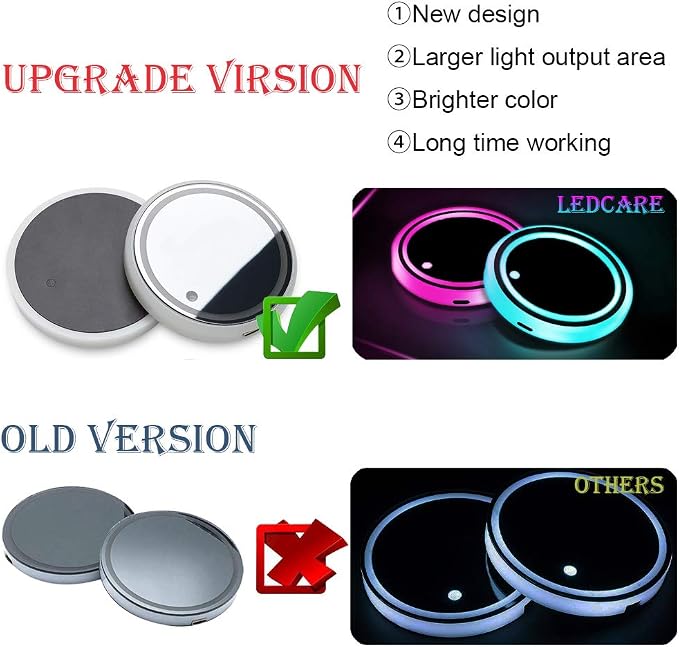 LED Car Cup Holder Lights, 7 Colors Changing USB Charging Mat Waterproof Cup Pad, LED Interior Atmosphere Lamp Decoration Light Inside Car Lighting Accessories (2pcs)