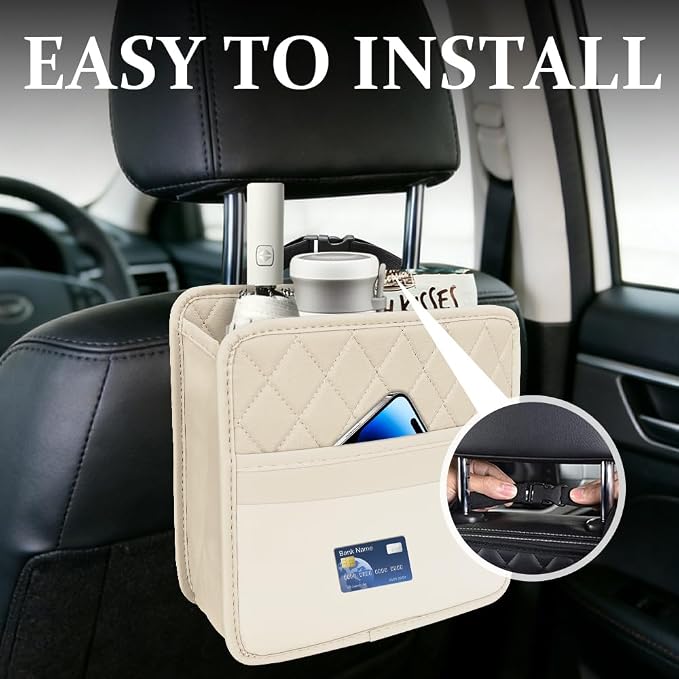 Car Seat Back Organizer, Car Organizers and Storage, PU Leather Vehicle Backseat Hanging Storage Pocket, Multipurpose Auto Organizer Hanging Universal for Most Vehicles (Beige)