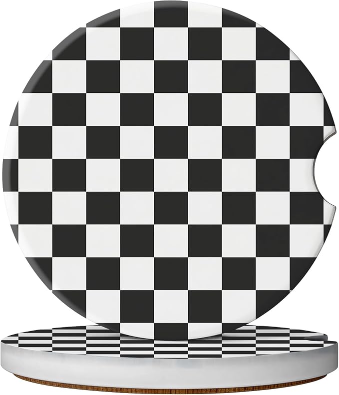 2 Pack Car Coasters for Cup Holders, Absorbent Ceramic Cup Coaster with Cork Base and Finger Notch, Cute Car Accessories Interior for Women Men (Grid-Black)