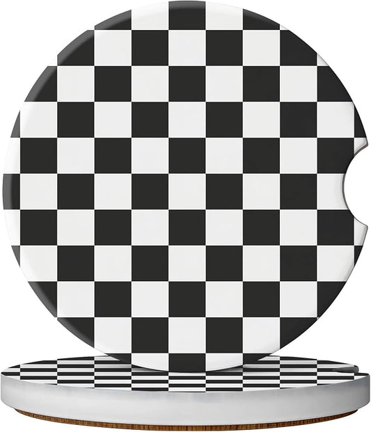 2 Pack Car Coasters for Cup Holders, Absorbent Ceramic Cup Coaster with Cork Base and Finger Notch, Cute Car Accessories Interior for Women Men (Grid-Black)