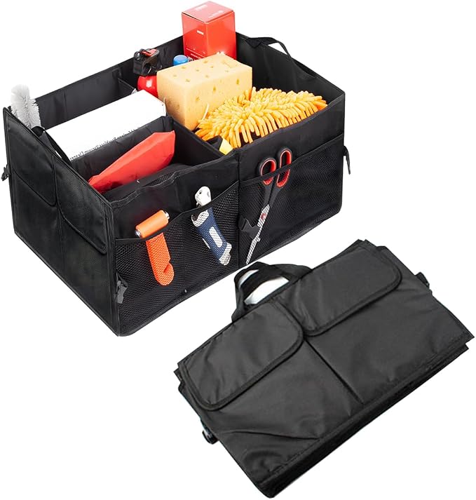 Mandark Car Trunk Organizer, Collapsible Multi Compartment Vehicle Storage Box, Waterproof Adjustable Automotive Organization Container Accessories, Universal for SUV, Sedan, Truck (Black)