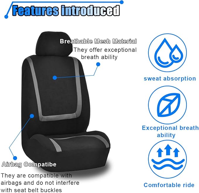 LAINLOY 2 Pack Car Seat Covers, Breathable Seat Protectors, Anti-Slip Driver Seat Cover, Comfortable Front Seat Cover Set Universal Fit for Truck, SUV, Sedan, Airbag Compatible (Black&Gray)