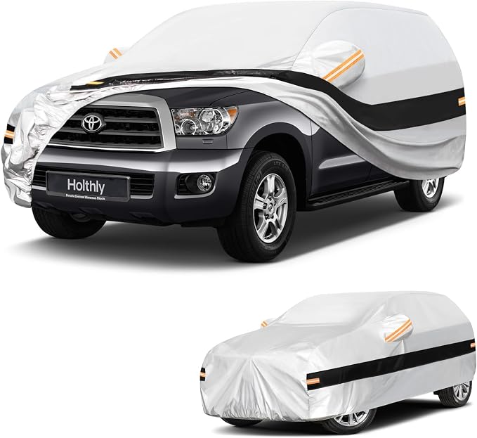 10 Layers SUV Car Cover Custom Fit for Toyota Sequoia (2000-2026), Waterproof All Weather for Automobiles, Outdoor Full Cover Sun Dust Rain Protection with Cotton. Silver
