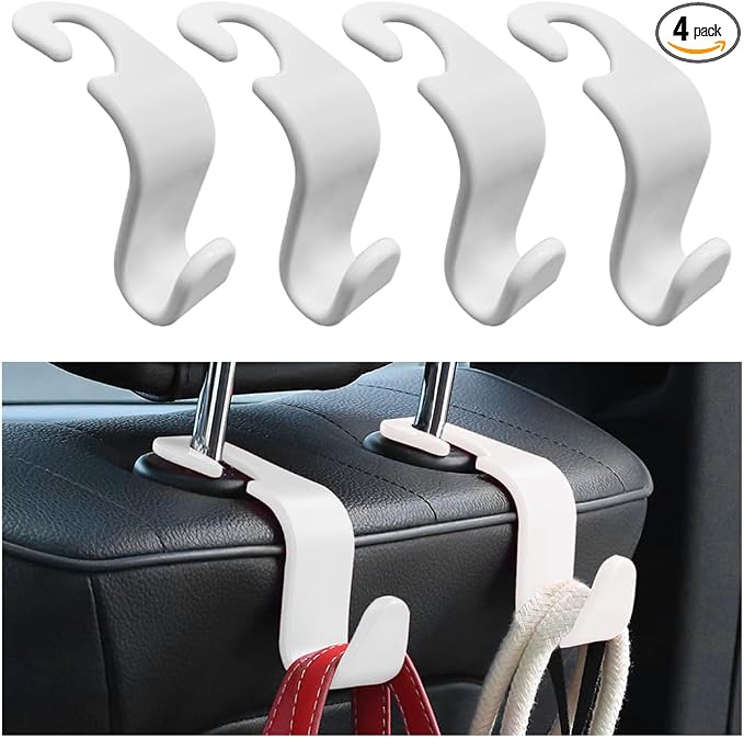 povtii 4PCS Car Seat Headrest Hook, Auto Back Seat Hanging Storage Organizer, Vehicle Seatback Hanger Holder for Purse Handbag Coat Umbrella, Universal Interior Car Accessories (White)