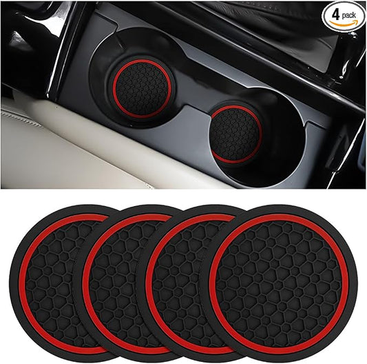 Mandark 4PCS Car Cup Holder Coasters, 2.75 Inch Non-Slip Insert Water Bottle Holder Pads, Dustproof Automotive Interior Accessories Mat, Universal for Vehicles, Trucks, RVs and More（Black/Red）
