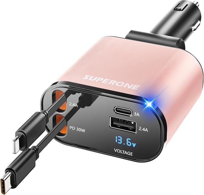 [Upgraded] SUPERONE Retractable Car Charger 4 in 1 Fast Car Phone Charger | USB C and Apple Multi Car Adapter with Cord 2.6ft, Compatible with iPhone 17 16 15/15 Pro Max/14/13/12/11, Galaxy, Pixel