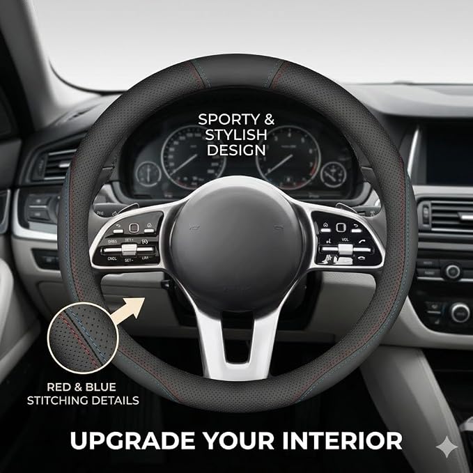 Nappa Leather Car Steering Wheel Cover, Slim Black Case 14.5-15 Inch | Premium Soft Nappa Leather with Fine Grip Texture Ultra-Thin Natural Rubber Inner Lining Fits 14.5 to 15 Inch Wheels