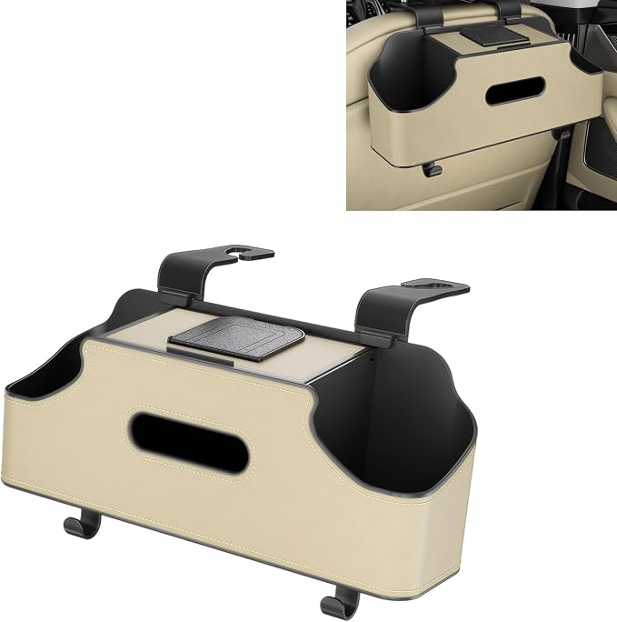 Car Organizer, Car Back Seat Organizer with 2 Drink Cup Holder, Leather Car Storage Box with Tissue Pouch, Multi-functional Behind Seat Storage Case, Universal for Most Vehicles (Beige)