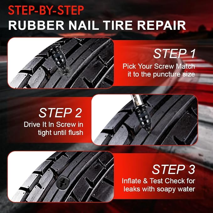 77Pcs Tire Plug Kit, Heavy Duty Tire Repair with Rubber Nails, Screw Plugs, T-Handle, Professional Fix a Flat Puncture Patch Tools Kit for Car, Motorcycle, Truck, UTV, ATV & Lawn Mower Tubeless