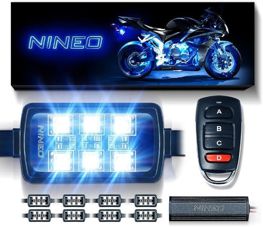NINEO 8PCS Motorcycle RGB Led Light Kit, Memory Function, Red Brake Light | Multi-Color Underglow Neon Lights, IP65 Waterproof, Fit Family Motorcycle Z1000 CB1000r YZF R6 R3 MT07 MT09 Road King ATV UTV