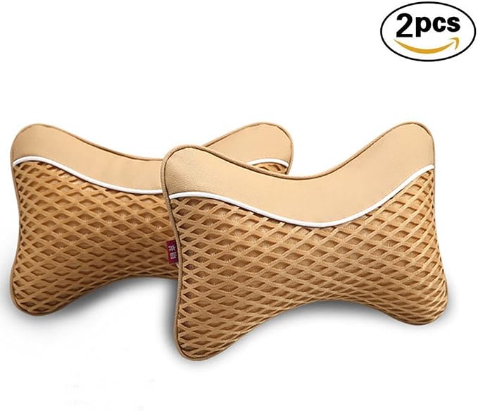 2PCS Car Neck Pillow with Memory Foam Auto Breathable Headrest Cushion Pad (Beige)