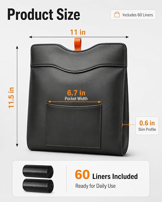 COZILO Leather Car Trash Can, Leak-Proof Odor-Lock Car Garbage Can with 60 Liners, Magnetic Closure & Liner-Hold, Storage Pocket, Metal Hooks, Hanging Car Trash Bin for SUV Sedan Truck, Black