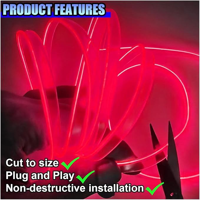 ZIMISI EL Wire Car Interior LED Strip Lights, Neon Light Strip (Red) | 5V 16FT Car Ambient Lighting Decorations with Sewing Edge, USB Electroluminescent Car Interior Lights with Fuse Protection