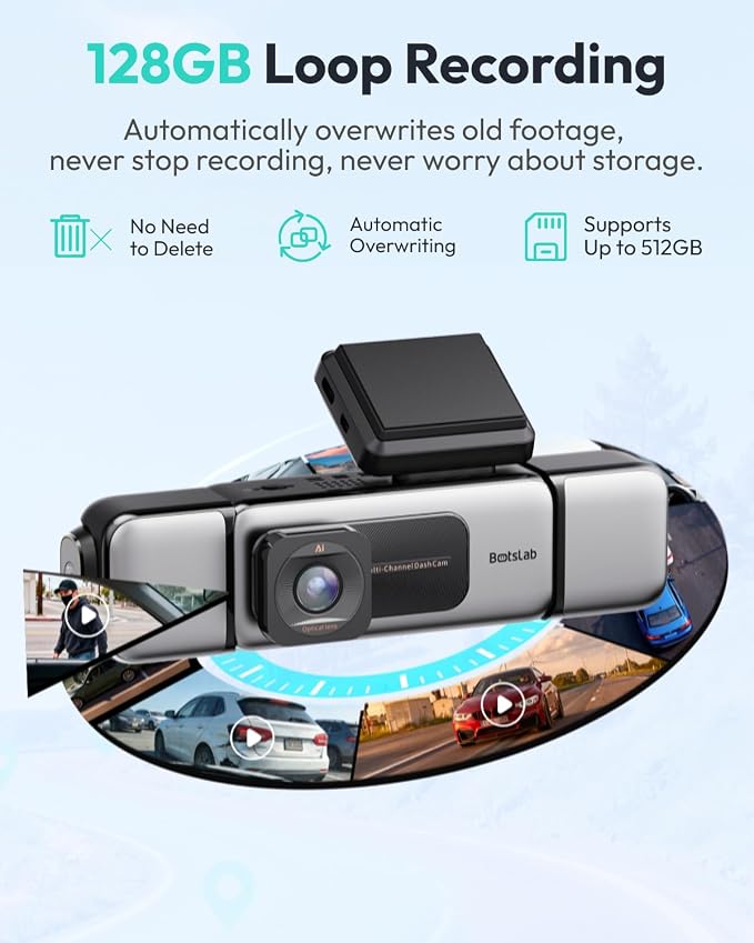 BOTSLAB 3K 4 Channel Dash Cam, 360° All-Around View, Front/Rear/Inside Car Cameras with 3.18" Touch Screen, Dash Camera 24/7 Parking Mode, Built-in GPS, 5.8GHz WiFi, Voice Control, 128GB Card Included