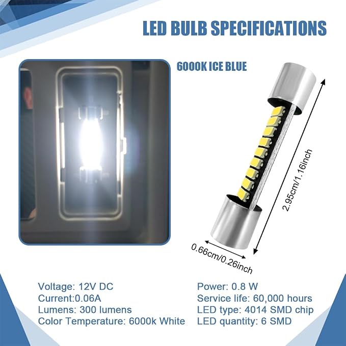 6PCS 28mm 29mm 6614F Festoon LED Car Bulb, Car Vanity Light Bulbs, Extremely Bright 9-SMD 4014 Chips LED Bulb, Car Accessories Visor Light Bulb for Vanity Mirror, Dome Light (White)