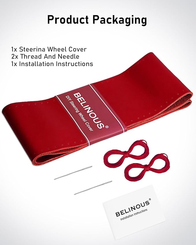 BELINOUS Leather Steering Wheel Cover Lace Up, Stitch on Steering Wheel Wrap, Universal Fit 13-20 Inch Car Truck Pickup Boat, A Whole Piece of Cowhide, DIY w/Needle Thread (Size XL0, Red)