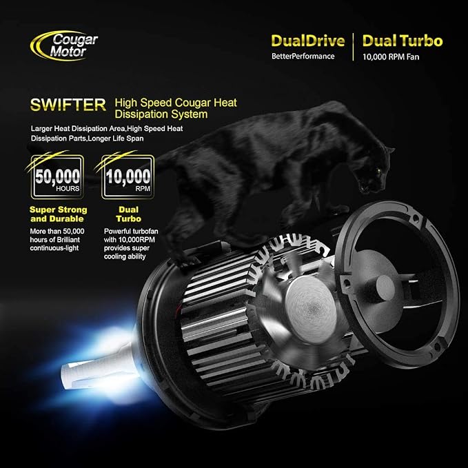 Cougar Motor H13 Bulbs, 9008 Light Bulb K16 Series 6000K White Driving Light Bulbs IP67 Waterproof H13 Fog Light or Off-Road - Pack of 2