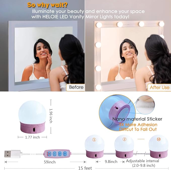 Led Vanity Mirror Lights, Vanity Lights for Makeup Dressing Mirror Lighting,10 Dimmable Bulbs,Adjustable Light Color & Brightness,USB Cable