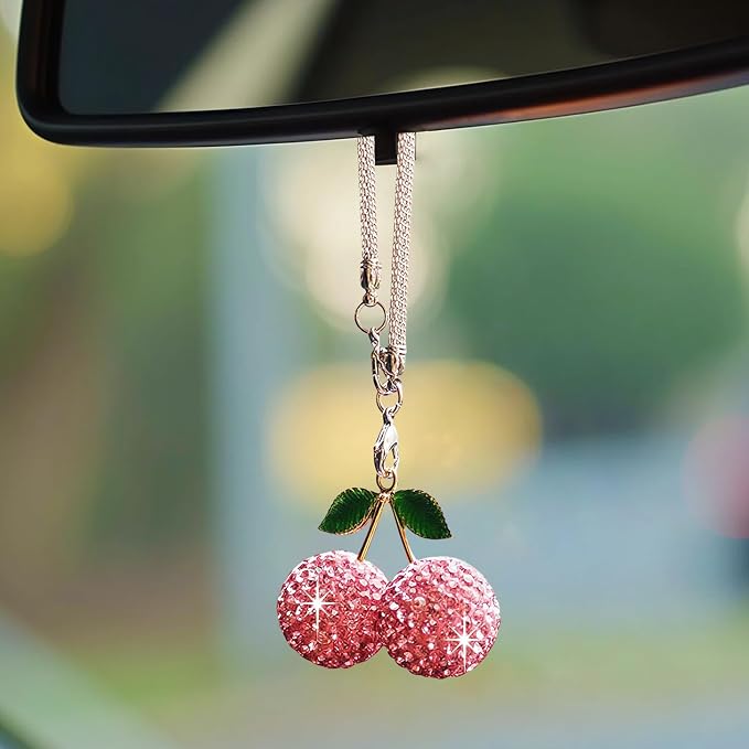 Bling Cherry Car Hanging Ornament, Cute Crystal Rear View Mirror Pendant, Sparkly Diamond Rearview Mirror Charms, Lucky Car Interior Decor Accessories (Pink)