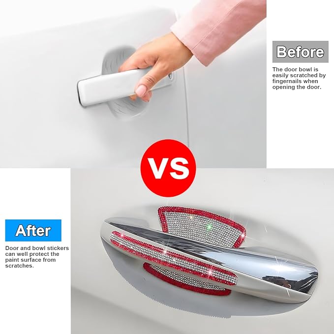 Mandark 8PCS Bling Car Door Handle Protector, Crystal Rhinestone Vehicle Door Bowl Protective Sticker, Glitter Anti-Scratch Auto Decor Decals Accessories, Universal for SUV, Sedan, Truck (Red/White)