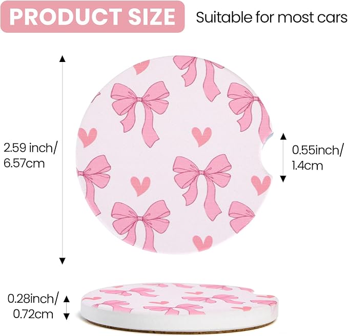 2 Pack Pink Bow Car Coasters for Women Car Cup Holder Coasters, 2.63 Inch Anti Slip Ceramic Absorbent Coaster with Cork Base and Finger Notch, Cute Car Accessories Interior