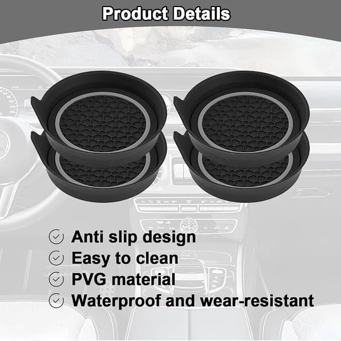 HZEL Car Cup Holder Coasters, 4PCS Non Slip Waterproof Vehicle Water Bottle Pads, Recessed Automotive Interior Drink Mat Decoration Accessories, Universal for SUV Sedan Truck (Gray/Black)