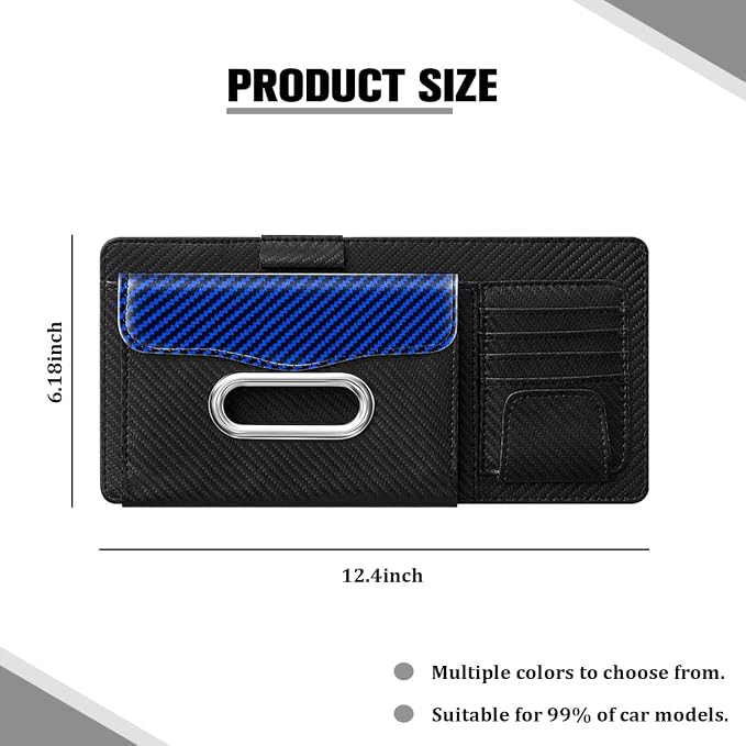 Car Sun Visor Organizer, Carbon Fiber Visor Glasses Tissue Card Holder Storage Pocket Pouch, Multifunctional Auto Sunshade Organizer Case Bag for Pens Documents Napkin, Universal Fit (Blue)