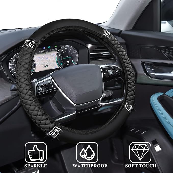 Bling Soft Leather Steering Wheel Cover, 15 Inch Colorful Rhinestones Auto Elastic Steering Wheel Protector for Women Girls, Car Accessories Anti Slip Steering Wheel Cover for Cars, SUVs (Black)