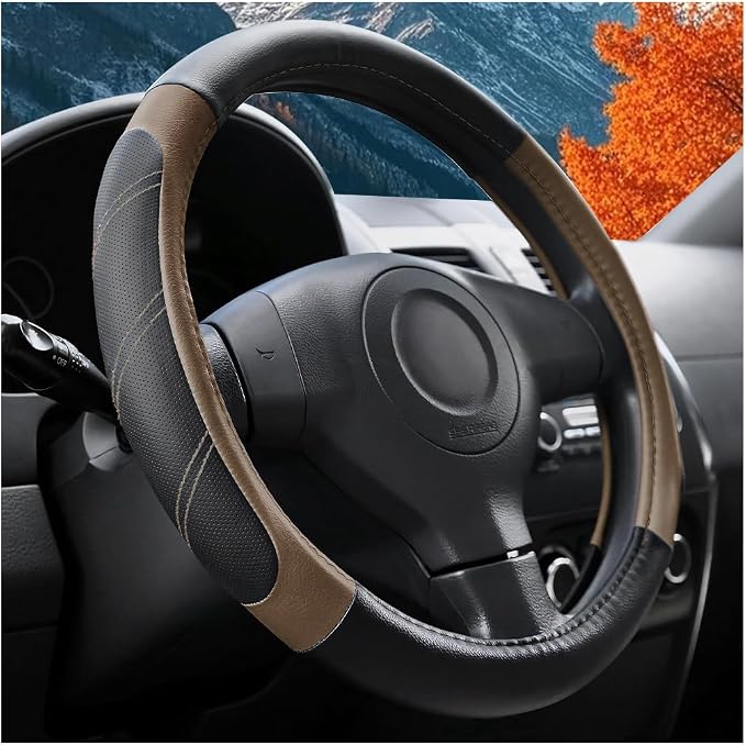 Osilly Car Steering Wheel Cover, 14.5-15" Leather Breathable Anti-Slip Stylish Steering Wheel Protector, Comfortable Auto Interior Decoration Accessories, Universal for SUV Van Truck (Black Brown)