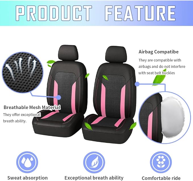 4PCS Cooling Car Seat Covers,Breathable Front Seat Covers with Mesh Construction and Foam Padding,Car Seat Protector to Reduce Back Sweating,Universal Car Interior for Car SUV (Pink)