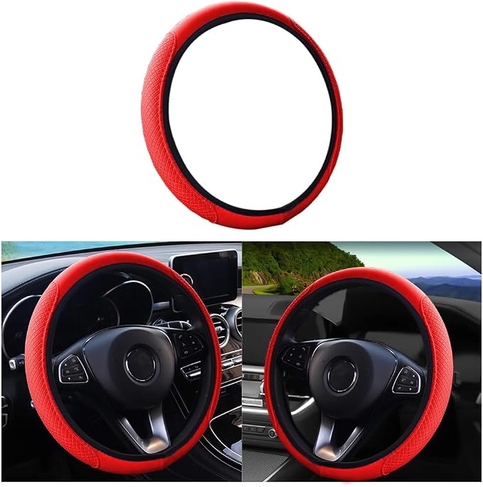 Leather Car Steering Wheel Cover, Elastic, Breathable Anti-Slip, Universal 15 inch, Steering Wheel Cover for Men Women (Red)