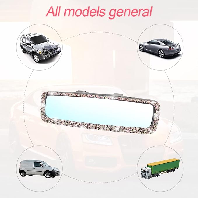 Bling Car Rear View Mirror, Rhinestones Crystal Clip-on Rearview Mirror with HD Glass, Compatible with Most Cars, SUVs, Vehicles, Auto Interior Accessories for Women Girl (Pink)
