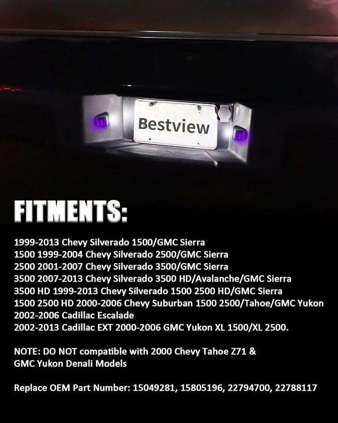 Bestview RGB LED License Plate Light Tag Lights Assembly Compatible with Chevy Silverado Suburban Tahoe GMC Sierra 1500 2500 3500 HD Escalade EXT, 16 Color Lighting