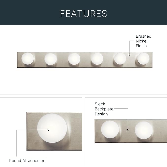 Kichler 626NI 36" Bath Bar 6-Light Vanity Light Fixture with Brushed Nickel Finish for Bathroom over Mirror, Traditional Style Lighting (36" L x 4.25" H), 626NI