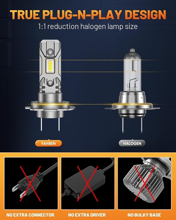 FORENNER NextGen H7 Light Bulb, 1000% Upgrade Bright, 1:1 Mini Size H7/H7LL Fog Light Thermostatic Control Design, IP68 No Adaptor Required Quick Install Light Kit Pack of 2