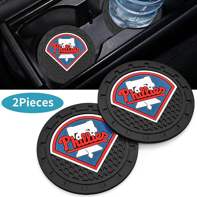 Baseball Fans Car Cup Holder Coasters for Phila Phillies Fans, 2 Pack Phillies Silicone Non-Slip Cup Mats, 2.75" Car Cup Holder Inserts for Auto Interior