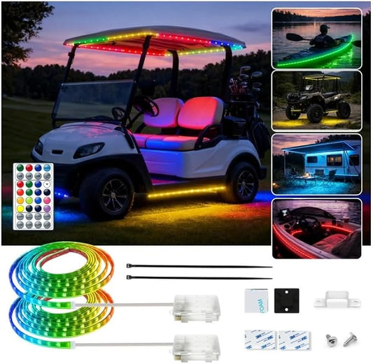 Battery Powered RGB+IC Dream Color Chasing Golf Cart Canopy Roof Lights with Remote, 2 Pack 6.56FT IP68 Waterproof Addressable Golf Cart Underglow Light Strip for EZGO Yamaha Club, Boat, Easy Install