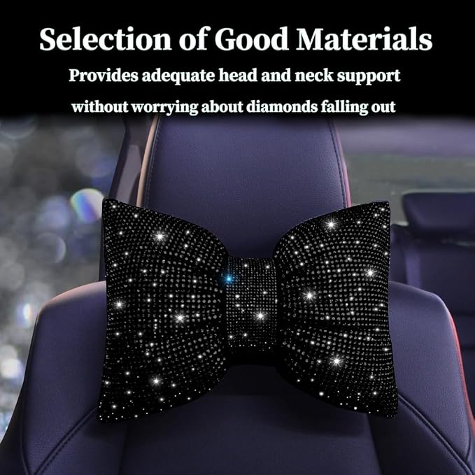 Car Headrest Pillow Bowknot Neck Support Pillow for Driver with Bow Tie Bling Diamond Head Neck Support Rhinestone Accessories for Girls and Women Black 2Pcs