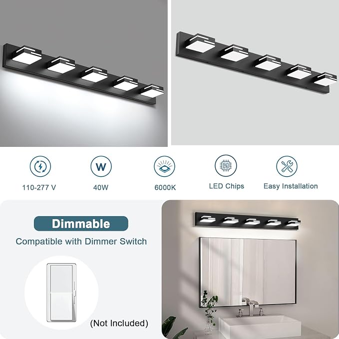 LED Modern Bathroom Vanity Light Fixtures, Dimmable Matte Black Vanity Lights for Bathroom Lighting Fixtures Over Mirror, with 360° Rotatable Acrylic Heads 5-Light 36-inch (Cool White 6000K)