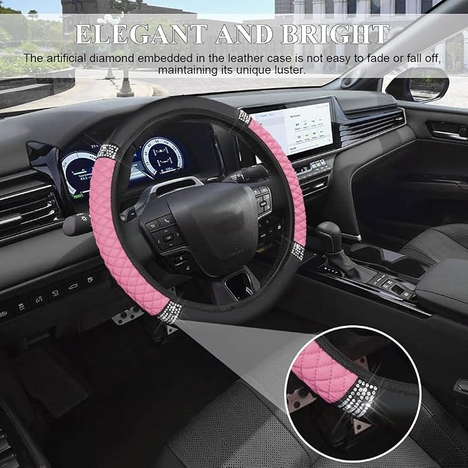 Bling Soft Leather Steering Wheel Cover, 15 Inch Colorful Rhinestones Auto Elastic Steering Wheel Protector for Women Girls, Car Accessories Anti Slip Steering Wheel Cover for Cars, SUVs (Pink)