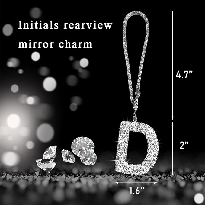 DXNQ Bling Initial Car Rear View Mirror Ornament, Crystal Sparkling Cute Letter Charm Pendant Auto Decor, Hanging Lucky Diamond Initial Charm Car Mirror Bag Ornament for Girl Women (Letter D)