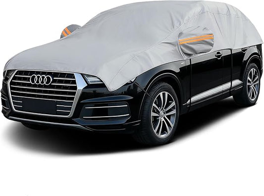 Half Car Cover for SUV M, Heavy Duty Roof & Windshield Top Cover with Cotton Liner, All Weather Half Cover Shield Against Hail, Snow, Sun, Rain and Scratches, Fits Most M Size SUVs