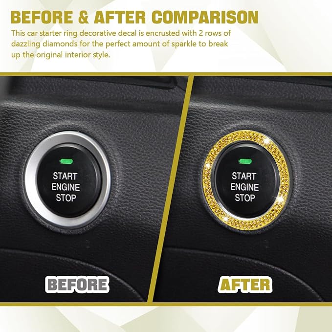 Bling Car Crystal Rhinestone Ring Emblem Sticker, Push to Start Button Cover/Sticker, Key Ignition Starter & Knob Ring, Car Interior Decoration Bling Car Accessories for Women