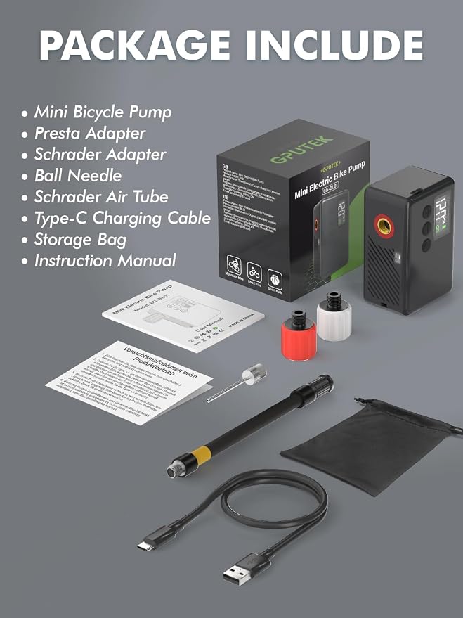 GPUTEK Mini Bike Pump Electric for Presta and Schrader Valves Bicycle Tire | Fast Inflate, Portable, 120 PSI Air Pressure, with Digital Gauge for Road Bike, Mountain Bike, E-Bike