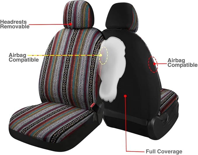 Baja Saddle Blanket Car Seat Covers 9PCS Full Set, Breathable and Washable Striped Woven Automotive Vehicle Seat Cover, Universal Seat Cover for Sedan, SUV, Truck, Airbag Compatible