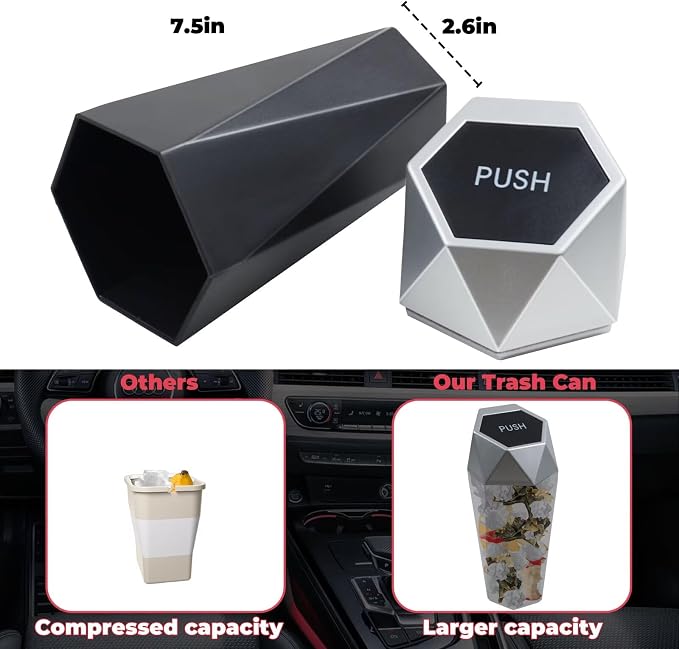 BFXM Car Trash Can, Car Trash Bin with Lid, Car Accessories for Women Interior, Car Garbage Can with Additional 2 ABS Hooks and 60pcs Trash Bags, Suitable for Home, Office, Car Organizer, Black