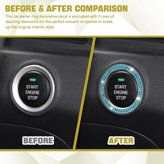 2PCS Bling Car Crystal Rhinestone Ring Emblem Sticker, Push to Start Button Cover/Sticker, Key Ignition Starter & Knob Ring, Car Interior Decoration Bling Car Accessories for Women