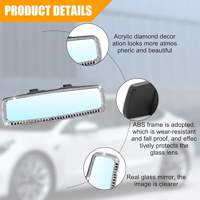 Osilly Bling Car Rearview Mirror, Decorations Rear View Mirror with Crystal Rhinestones & Diamonds, Car Interior Trim Accessories, Clip-on & HD Glass, Sparkly Gift (Silver-1)